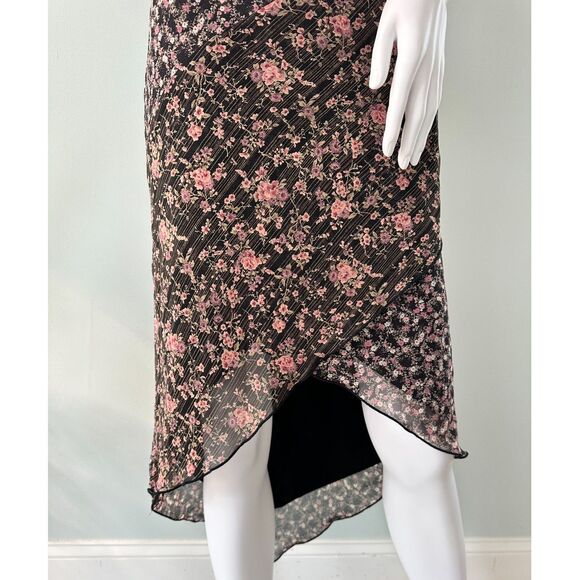 Vintage Y2K Floral Halter Dress Asymmetrical Hem Midi Dress Black Pink size 3 - Picture 6 of 8